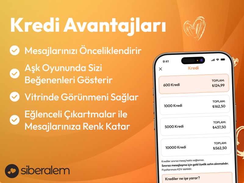 Kredilerle sohbetlerinizi renklendirin, profilinizin daha çok görülmesini sağlayın ve sizi beğenenlerle anında eşleşin. Siberalem kredi paketlerini inceleyin.