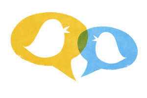 Tweeting Birds with Yellow and Blue Speech Bubbles